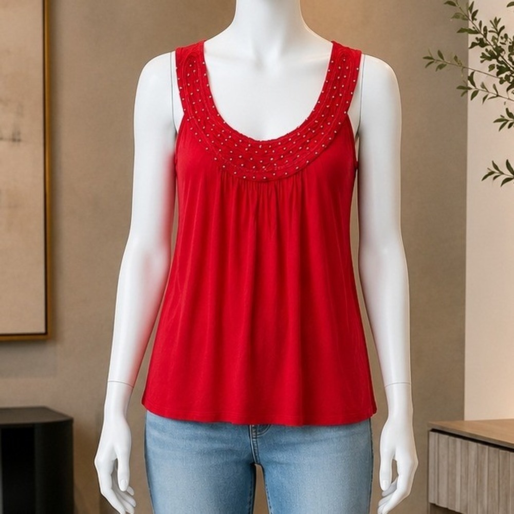 Dressbarn Womens Tank Top Red Silver Studded Scoop Neck Sleeveless M